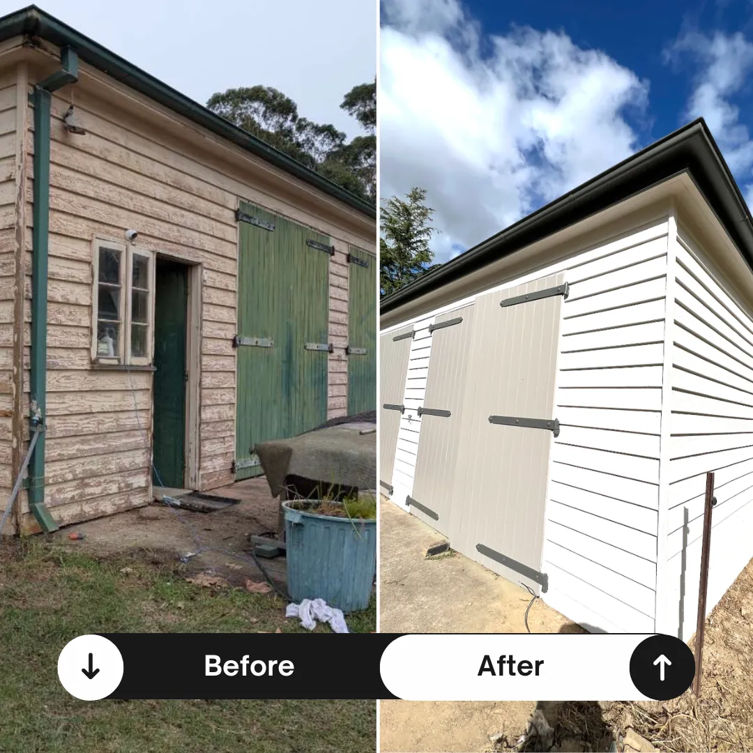 Before and after weatherboard shed repaint